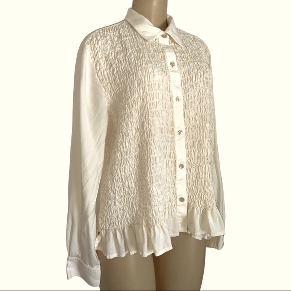 Liz Claiborne 💯% Silk Ruffled Ruched Collared Cream Dress Shirt Petite - Picture 2 of 7